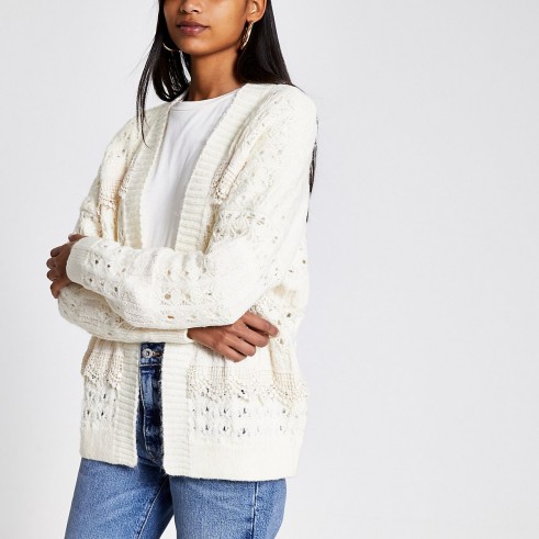 RIVER ISLAND Cream lace scallop frill knitted cardigan