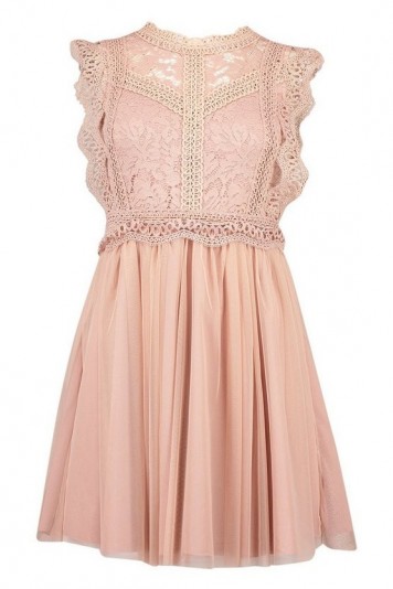 boohoo Crochet Lace Sleeveless Skater Dress in Blush – pretty fit and flare