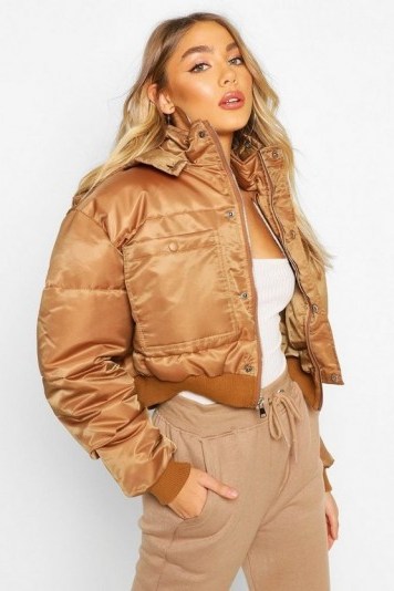 boohoo Cropped Double Pocket Puffer Jacket in mocha – padded – casual – outerwear - flipped
