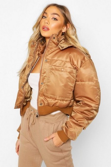 boohoo Cropped Double Pocket Puffer Jacket in mocha – padded – casual – outerwear