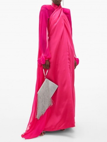 RICHARD QUINN Crossover bow-cuff cape-back silk-satin gown – Matches Fashion – eye catching colour - flipped