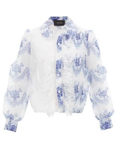 SIMONE ROCHA Delft Blue-print ruffled organza blouse in white - flipped