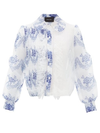 SIMONE ROCHA Delft Blue-print ruffled organza blouse in white