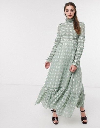 DREAM Sister Jane maxi dress with frill neck in shirred floral in sage green – 70s romantic style fashion - flipped