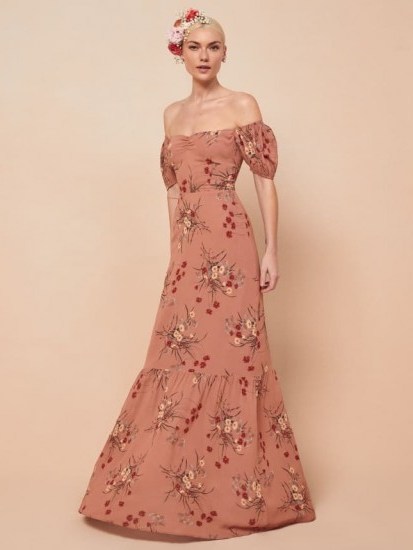 Reformation Farrow Dress in Queen | floor length, off-the-shoulder dresses | sweetheart neckline occasion wear - flipped