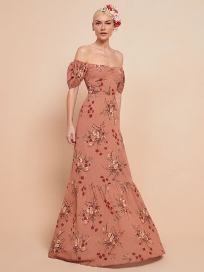 Reformation Farrow Dress in Queen | floor length, off-the-shoulder dresses | sweetheart neckline occasion wear