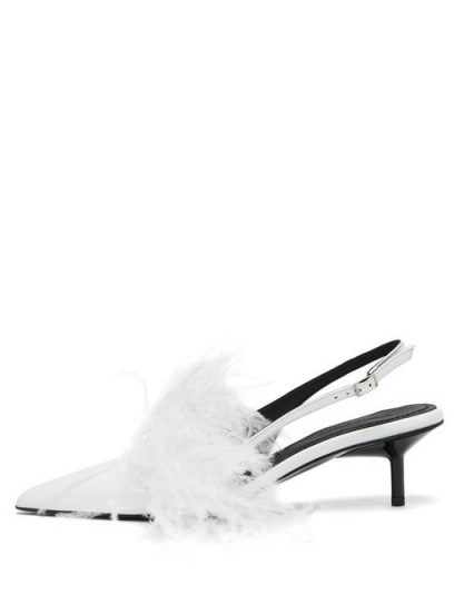 MARQUES’ALMEIDA Feather-trim white leather slingback pumps – kitten heel slingbacks - flipped