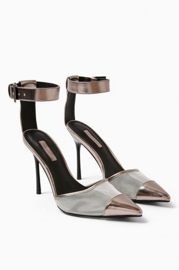 Topshop FERN Silver Mesh Ankle Strap Shoes | going out heels - flipped