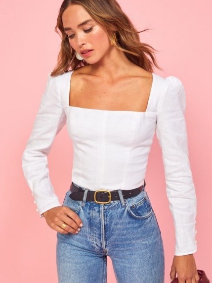 Reformation Fillmore Top White | square neck, puff sleeved tops - flipped