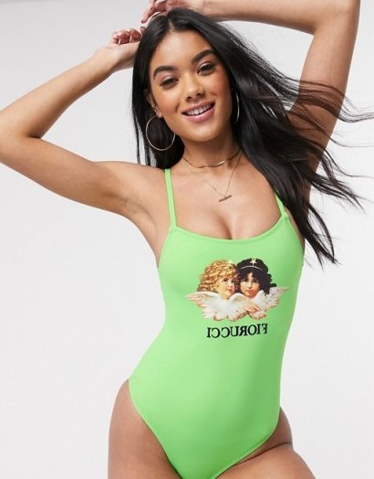 Fiorucci angels swimsuit in green – printed swimwear - flipped