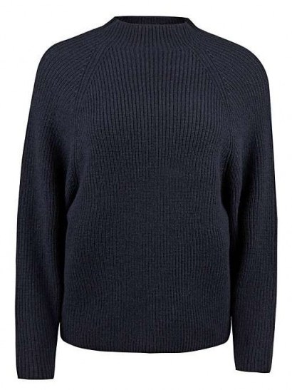 OLIVER BONAS Fisherman Ribbed Navy Blue Knitted Jumper | loose shaped high neck jumpers - flipped