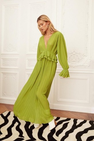 NASTY GAL Frill in Love V-Neck Maxi Dress in Green – Chloe.lecareux fashion – celebrity clothing - flipped