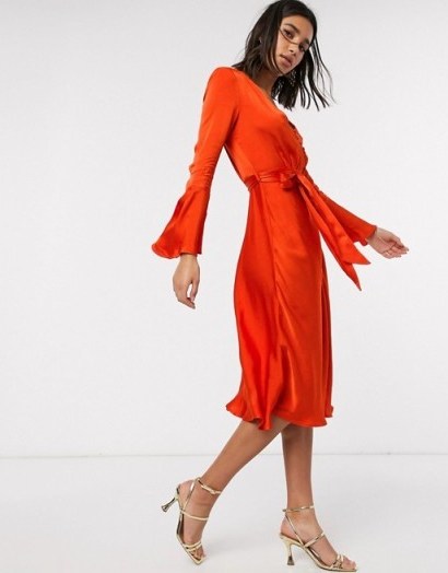 Ghost annabelle satin button front midi dress with flare sleeves in orange – bright floaty fabric occasion dresses - flipped