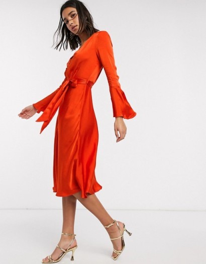 Ghost annabelle satin button front midi dress with flare sleeves in orange – bright floaty fabric occasion dresses