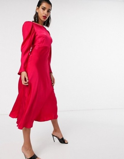 Ghost rosaleen satin midi dress in bright pink – slinky occasion dresses - flipped
