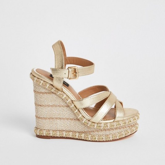 River Island Gold metallic strappy wide fit wedge sandals | luxe wedged heels - flipped
