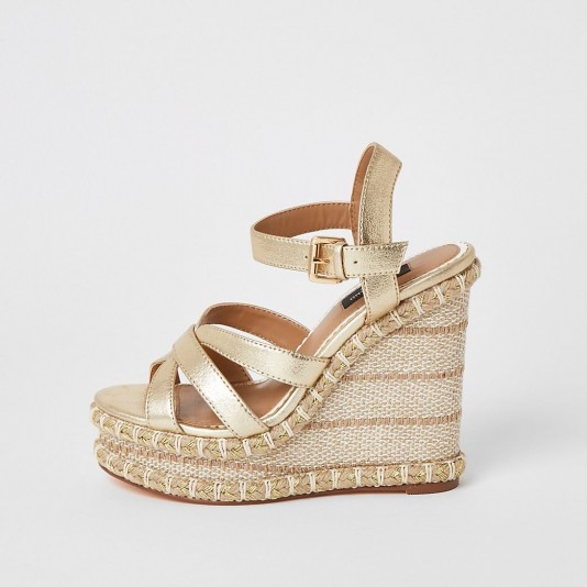 River Island Gold metallic strappy wide fit wedge sandals | luxe wedged heels