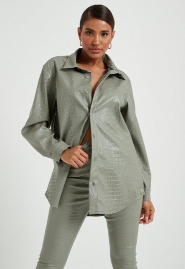 MISSGUIDED green mock croc faux leather oversized shirt - flipped