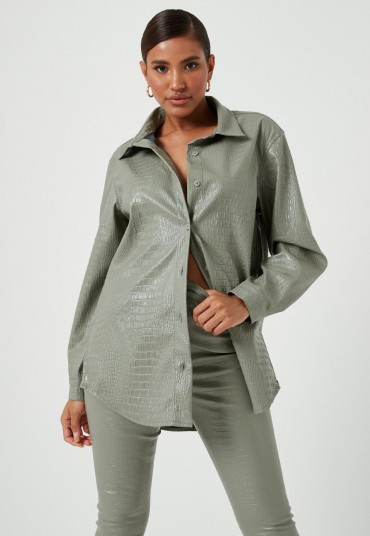MISSGUIDED green mock croc faux leather oversized shirt