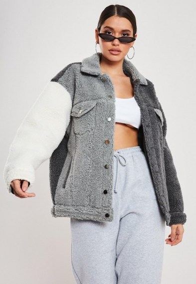 MISSGUIDED grey colourblock teddy borg trucker jacket – textured outerwear - flipped