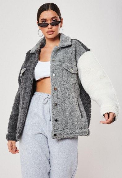 MISSGUIDED grey colourblock teddy borg trucker jacket – textured outerwear