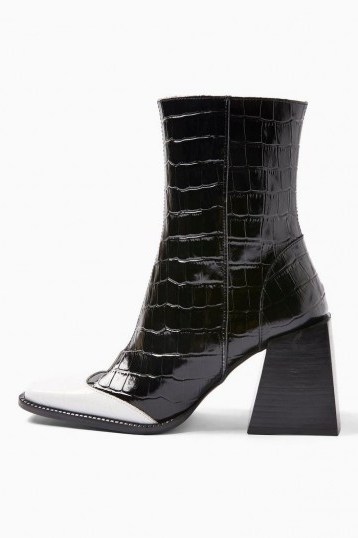 TOPSHOP HEAVEN Leather Black And White Block Boots in Monochrome – chunky heeled boot - flipped
