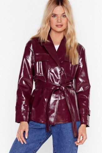 NASTY GAL I’m Totally Vinyl Belted Jacket in burgundy