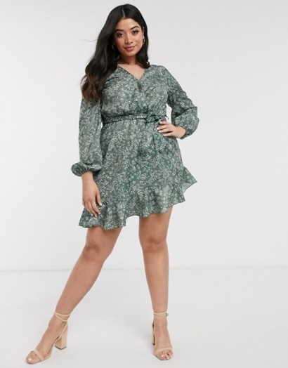In The Style Plus x Billie Faiers exclusive wrap front frilly skater dress in green floral print