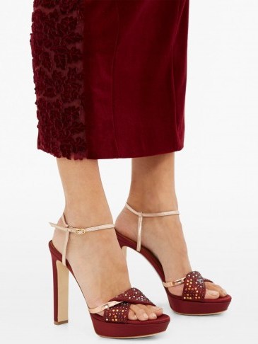 MALONE SOULIERS Lauren crystal-embellished satin platform sandals in dark-red ~ luxe event heels - flipped