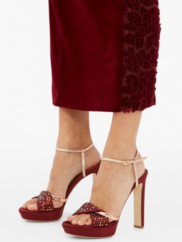 MALONE SOULIERS Lauren crystal-embellished satin platform sandals in dark-red ~ luxe event heels