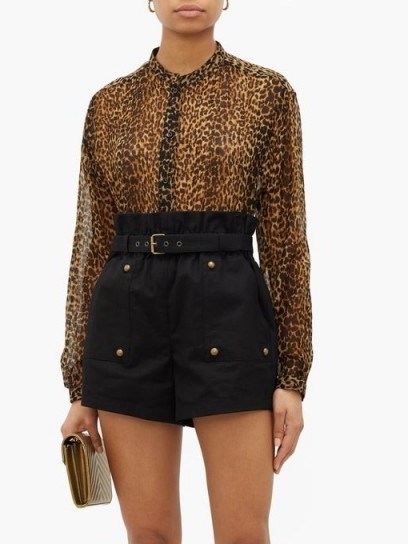 SAINT LAURENT Leopard-print asymmetric-hem wool blouse in brown - flipped