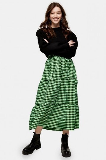 TOPSHOP Lime Green Gingham Check Tiered Midi Skirt - flipped