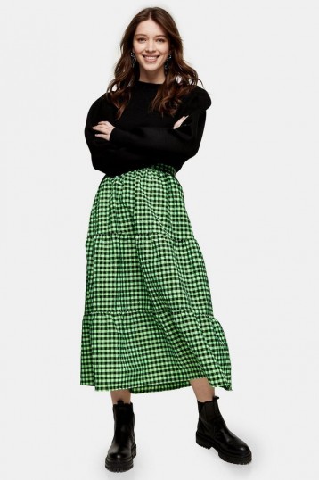 TOPSHOP Lime Green Gingham Check Tiered Midi Skirt