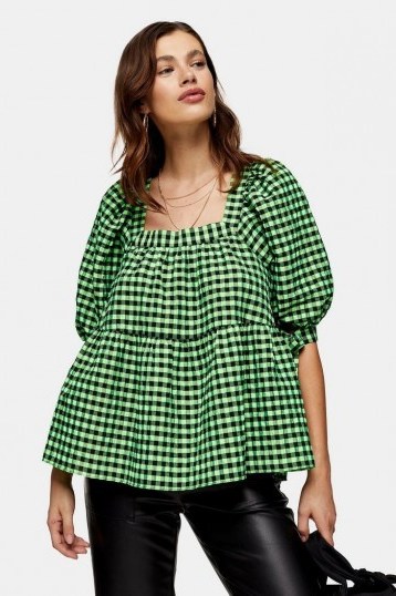 TOPSHOP Lime Green Neon Check Chuck On Blouse - flipped