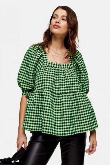 TOPSHOP Lime Green Neon Check Chuck On Blouse