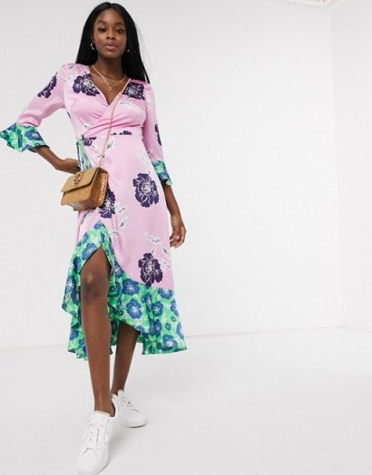 Liquorish contrast hem oversized floral wrap dress in pink and green - flipped