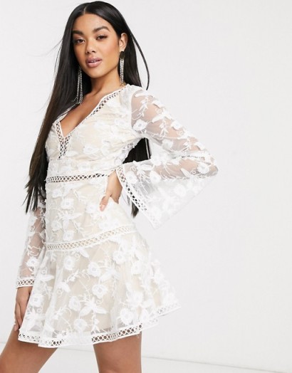 Love Triangle plunge dress in barely there lace midi dress
