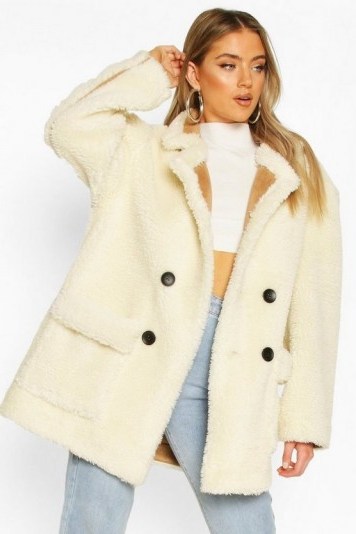 boohoo Luxe Lined Teddy Faux Fur Oversized Coat in Cream - flipped
