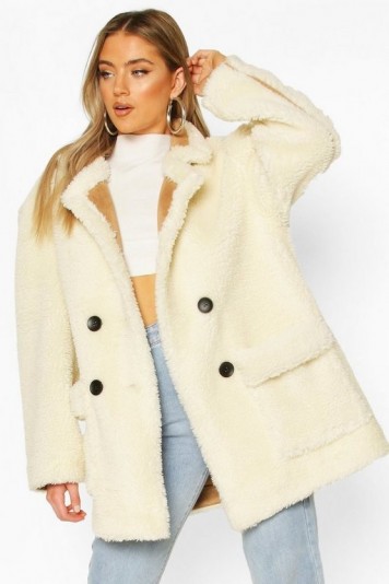 boohoo Luxe Lined Teddy Faux Fur Oversized Coat in Cream
