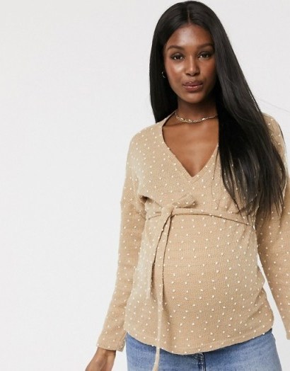 Mamalicious Maternity v neck top with tie waist in nude spot print - flipped