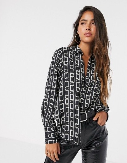 Mango chain printed blouse in black – mono print blouses - flipped
