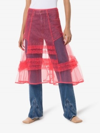 Molly Goddard Frilled A-Line Midi Skirt in Pink | totally sheer skirts