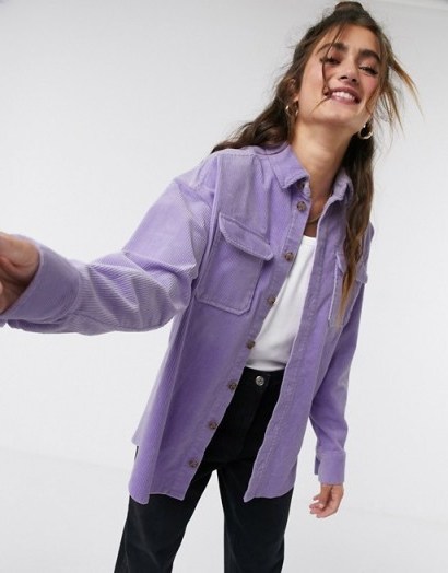 Monki oversized cord shirt with pockets in purple – corduroy shirts - flipped