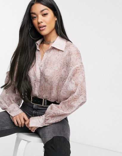 NA-KD balloon sleeve structured blouse in dusty pink – floral blouses