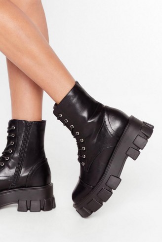 NASTY GAL Admit De-cleat Faux Leather Lace-Up Boots in Black – cleated sole boot