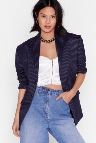 NASTY GAL Can’t Pinstripe Me Down Oversized Blazer in Navy - flipped