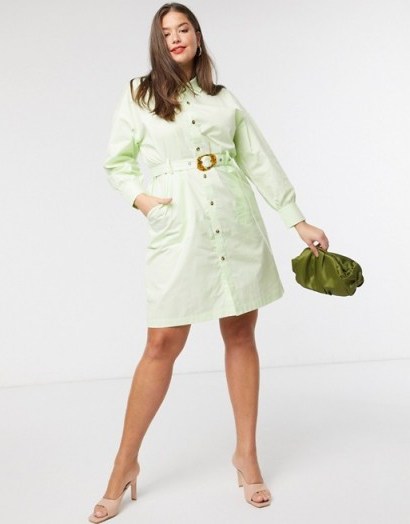 Native Youth Plus belted shirt dress with contrast buttons in mint green - flipped