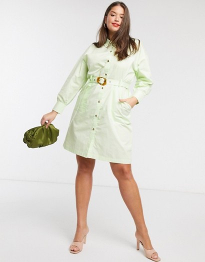 Native Youth Plus belted shirt dress with contrast buttons in mint green