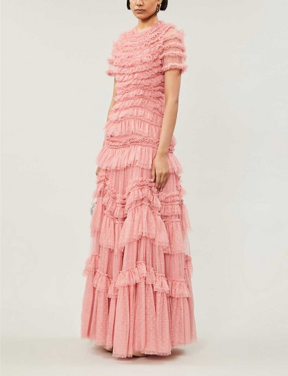 NEEDLE AND THREAD Wild Rose ruffled tulle gown in sun blush