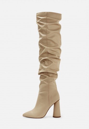 MISSGUIDED nude faux leather block heel over knee boots – slouchy look boot - flipped